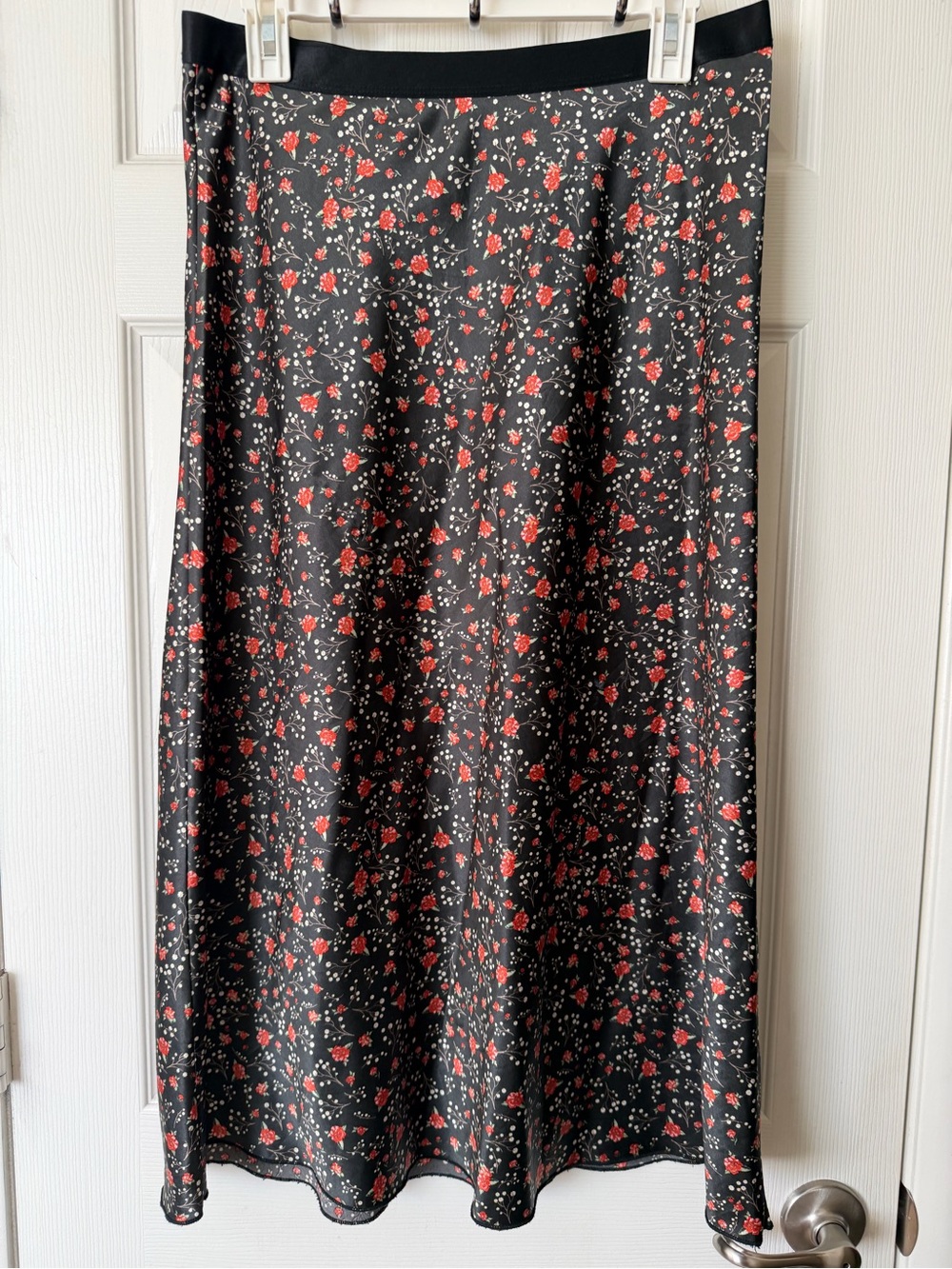Black Floral A-Line Midi Skirt with Red Print